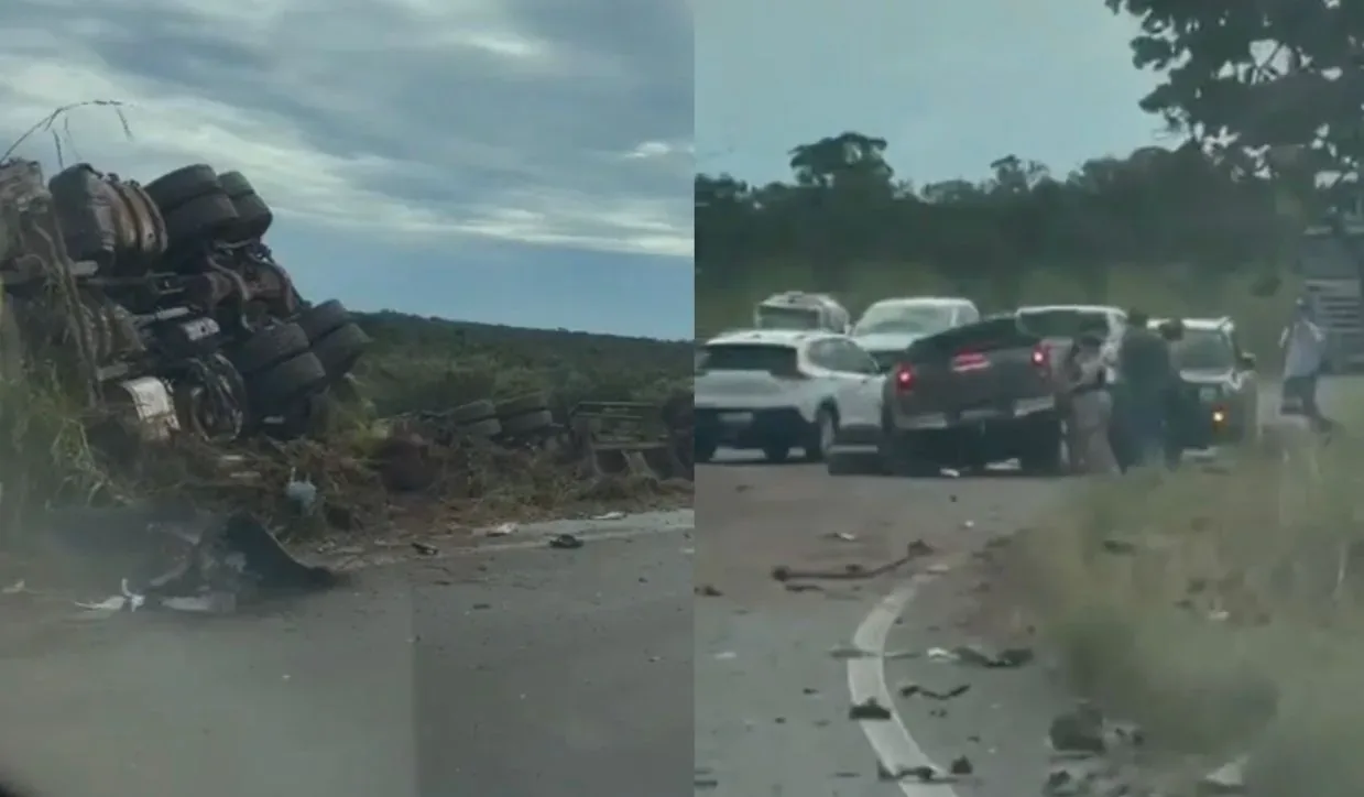 Caminhão tomba após bater em Hilux parada no acostamento da MT-235; veja vídeo