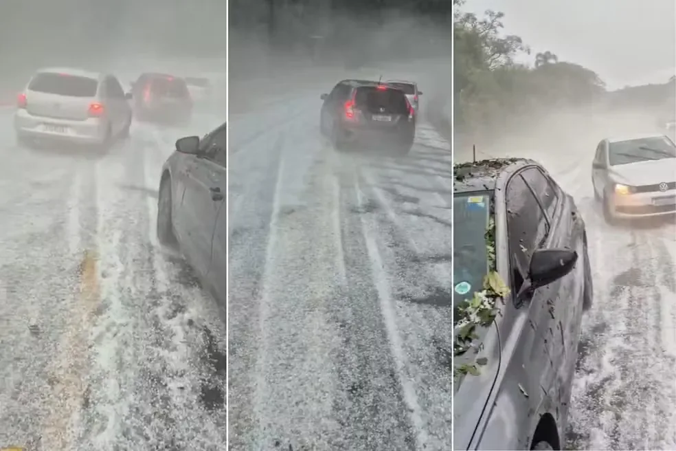 Granizo cobre estrada e interrompe trânsito entre cidades do interior paulista; veja vídeo