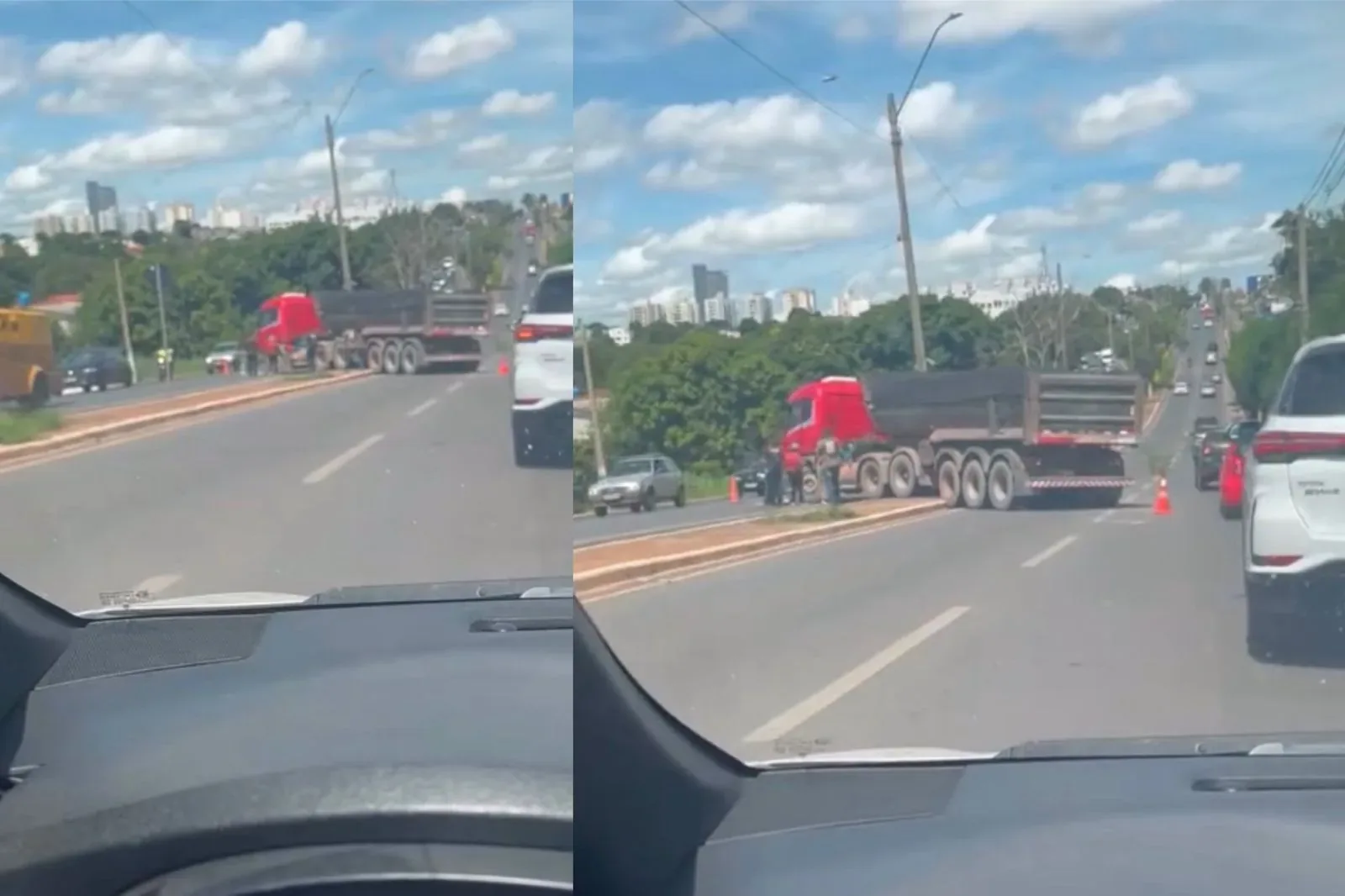 Motorista perde o controle de caminhão e fica preso em canteiro central de Cuiabá; veja vídeo