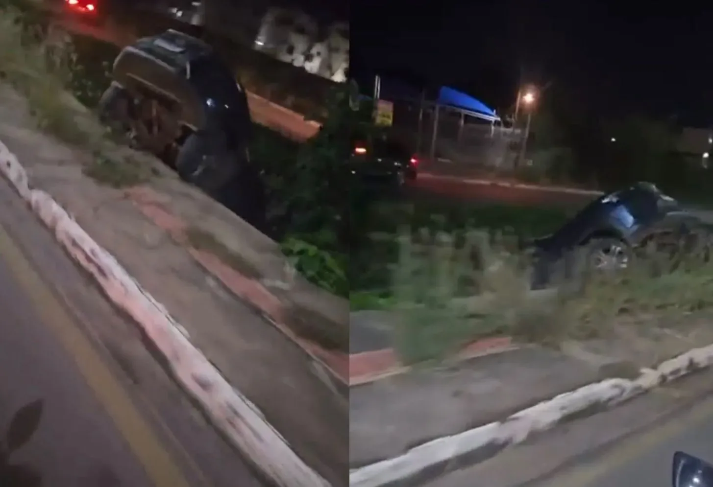 Carro fica pendurado em córrego após ex não aceitar separação e atacar veículo em VG; veja vídeo