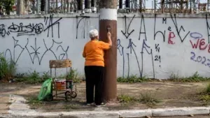 Idosa transforma postes em obras de arte e encanta moradores; Veja vídeo