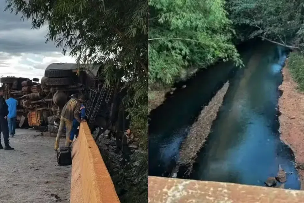 Caminhão com carga de piche tomba em rio e compromete abastecimento de água em Colniza