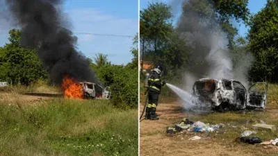 Incêndio de grandes proporções destrói veículo de autoescola em Várzea Grande; veja vídeo