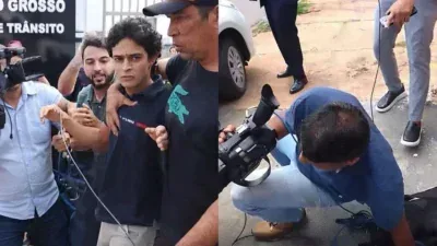 Cinegrafista é derrubado durante saída de motorista investigado pela morte de entregador em Cuiabá; veja vídeo