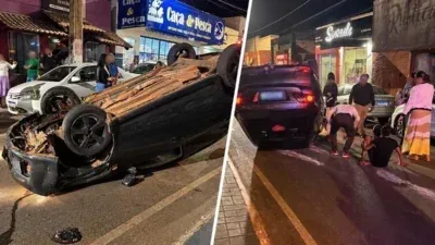 Mulher sem CNH e com sinais de embriaguez capota Corolla e atinge três veículos em Arenápolis; veja vídeo